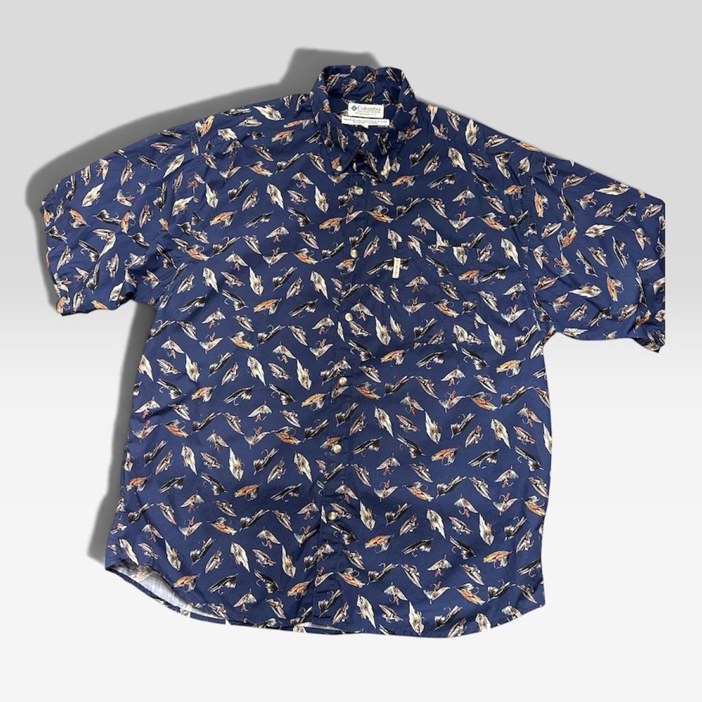 Columbia Button Down Shirt Men 2XL Fly Fishing Lure Print S/S Cotton Blue Collar